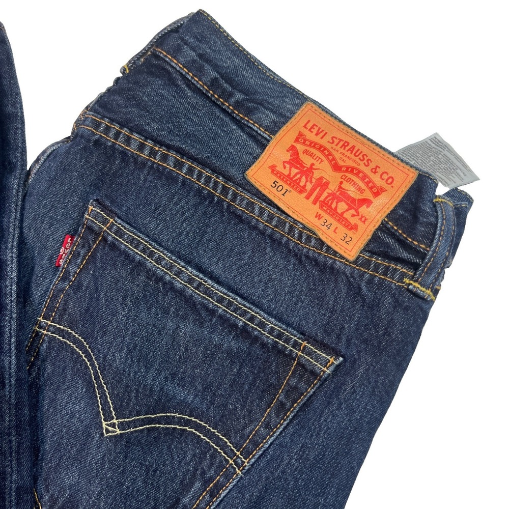 Levis 501 Jeans Mens 34x32 Dark Blue Straight Leg Button Fly Stretch Denim EUC